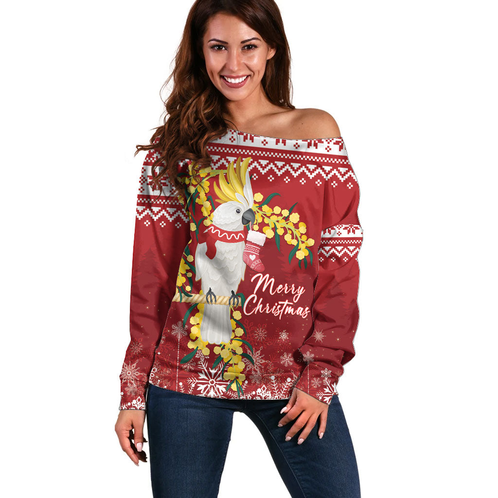 Australia Sulphur-crested Cockatoo Christmas Personalised Off Shoulder Sweater Aussie Golden Wattle Merry Xmas