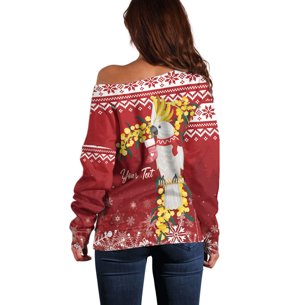Australia Sulphur-crested Cockatoo Christmas Personalised Off Shoulder Sweater Aussie Golden Wattle Merry Xmas