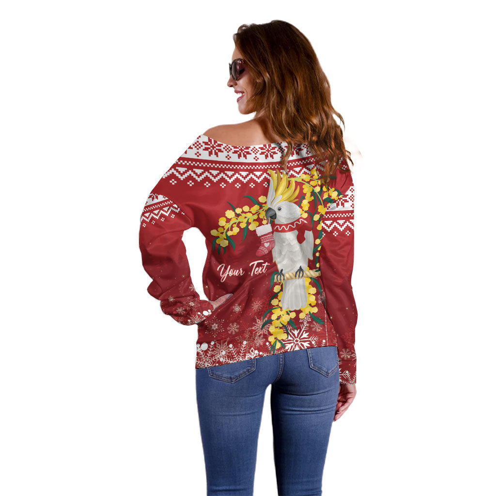 Australia Sulphur-crested Cockatoo Christmas Personalised Off Shoulder Sweater Aussie Golden Wattle Merry Xmas