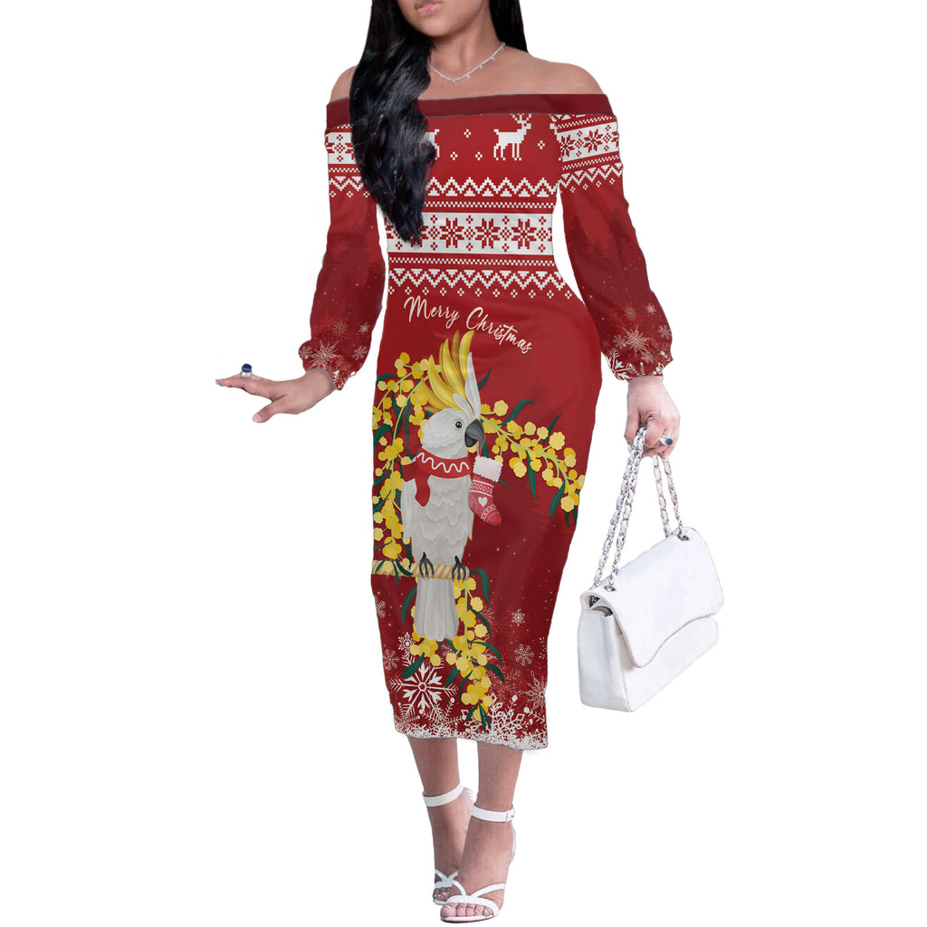 Australia Sulphur-crested Cockatoo Christmas Personalised Off The Shoulder Long Sleeve Dress Aussie Golden Wattle Merry Xmas