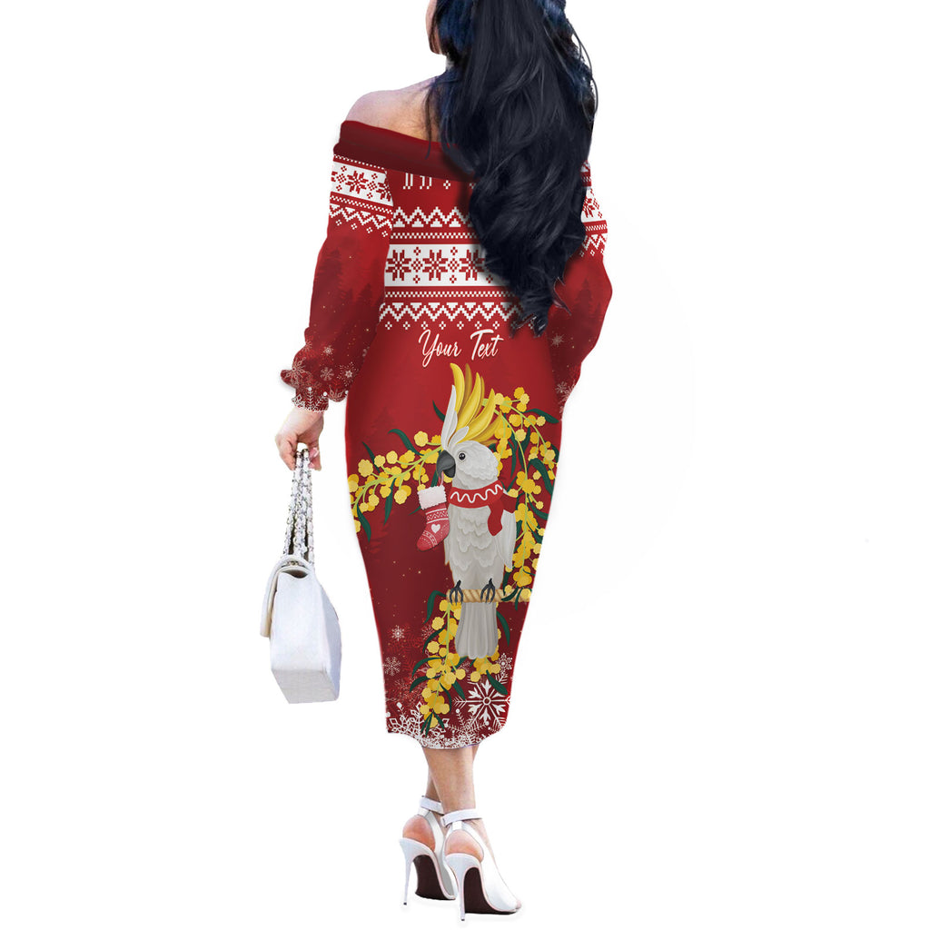 Australia Sulphur-crested Cockatoo Christmas Personalised Off The Shoulder Long Sleeve Dress Aussie Golden Wattle Merry Xmas