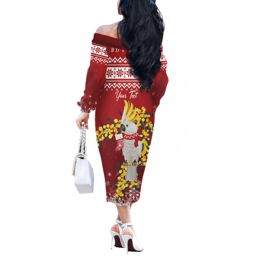 Australia Sulphur-crested Cockatoo Christmas Personalised Off The Shoulder Long Sleeve Dress Aussie Golden Wattle Merry Xmas