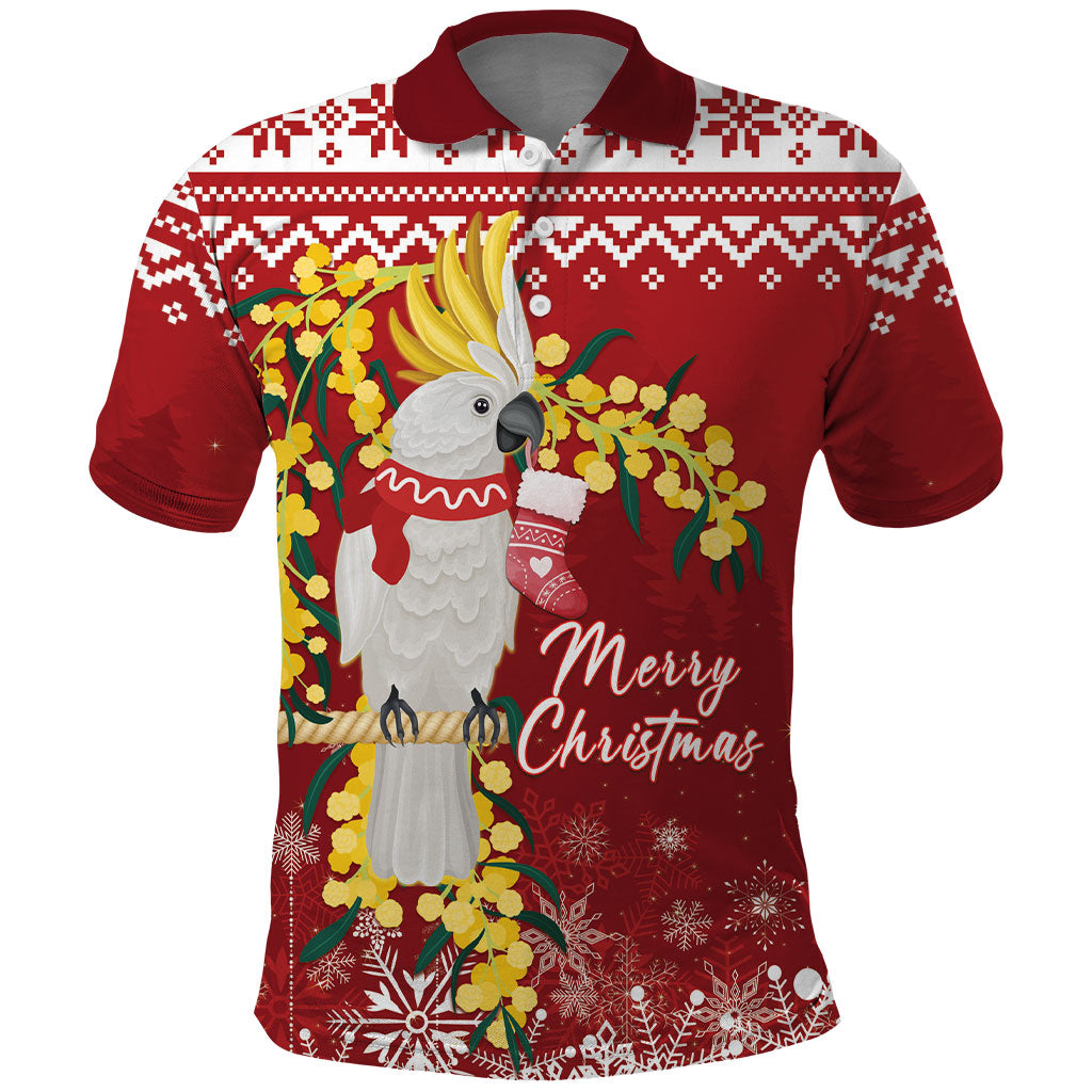 Australia Sulphur-crested Cockatoo Christmas Personalised Polo Shirt Aussie Golden Wattle Merry Xmas