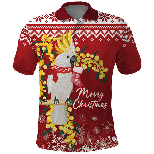 Australia Sulphur-crested Cockatoo Christmas Personalised Polo Shirt Aussie Golden Wattle Merry Xmas