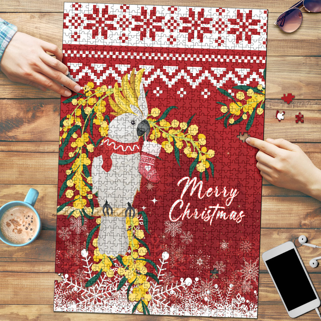 Australia Sulphur-crested Cockatoo Christmas Puzzle Aussie Golden Wattle Merry Xmas