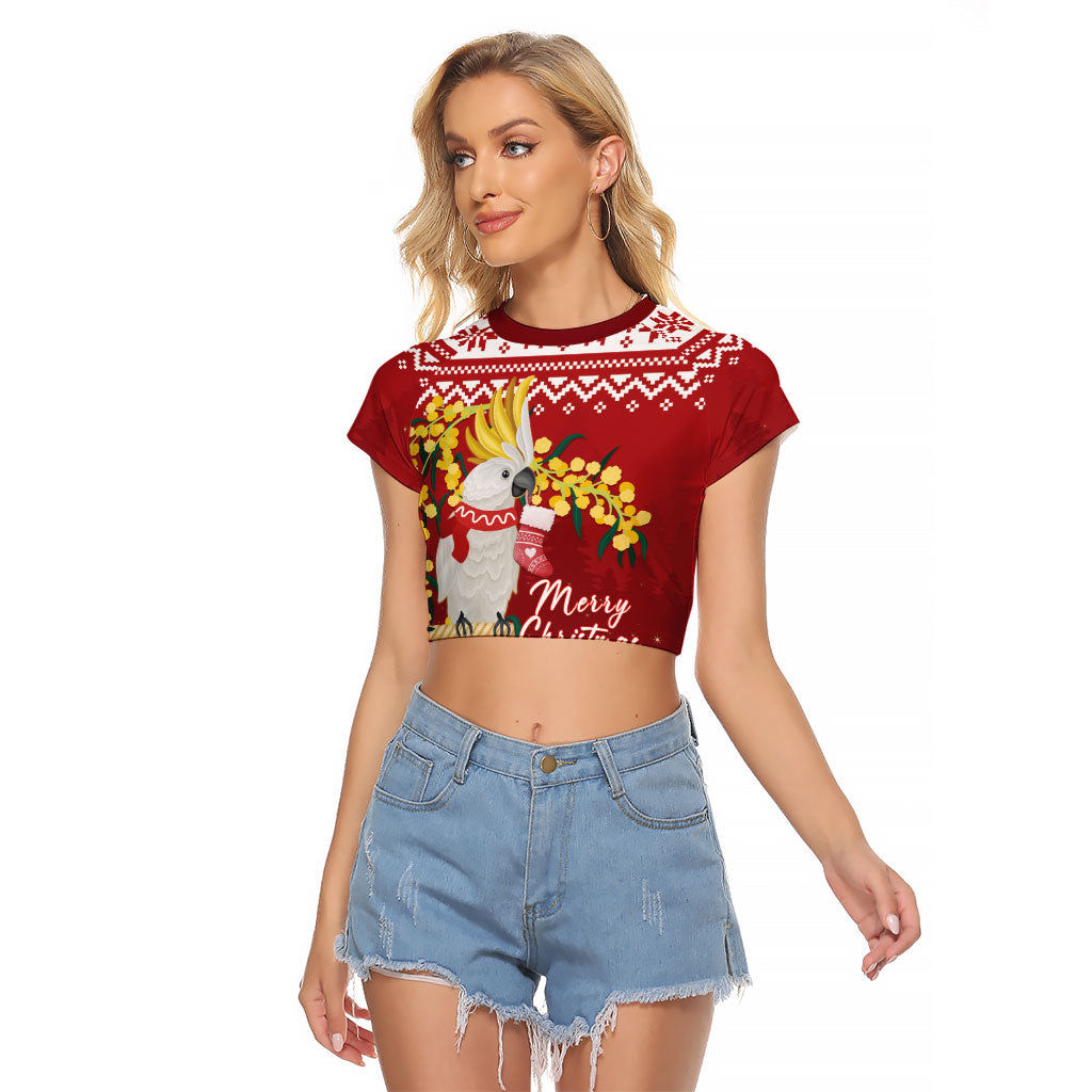 Australia Sulphur-crested Cockatoo Christmas Personalised Raglan Cropped T Shirt Aussie Golden Wattle Merry Xmas