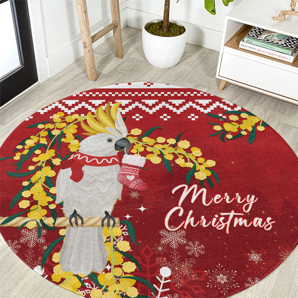 Australia Sulphur-crested Cockatoo Christmas Round Carpet Aussie Golden Wattle Merry Xmas