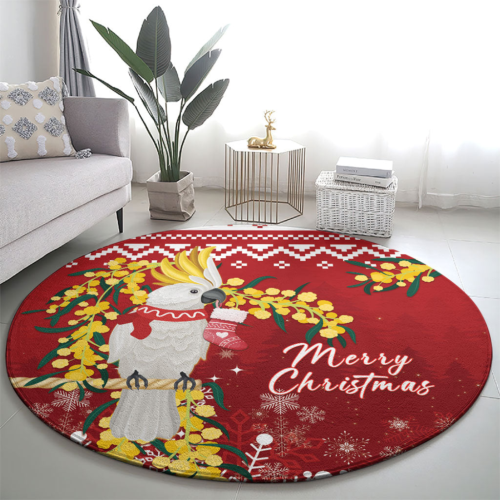 Australia Sulphur-crested Cockatoo Christmas Round Carpet Aussie Golden Wattle Merry Xmas
