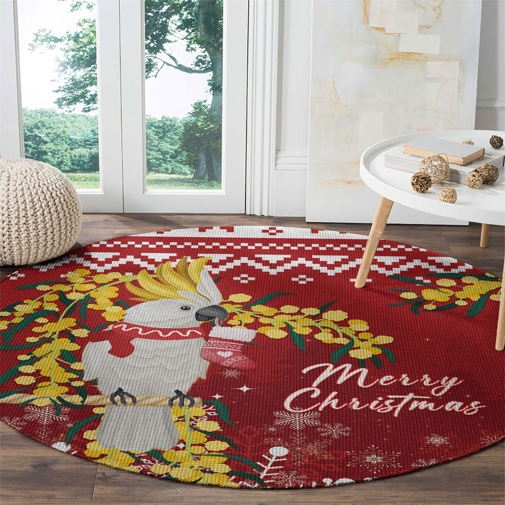 Australia Sulphur-crested Cockatoo Christmas Round Carpet Aussie Golden Wattle Merry Xmas