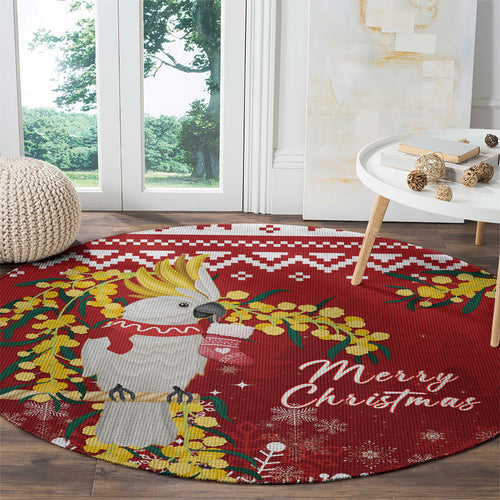 Australia Sulphur-crested Cockatoo Christmas Round Carpet Aussie Golden Wattle Merry Xmas