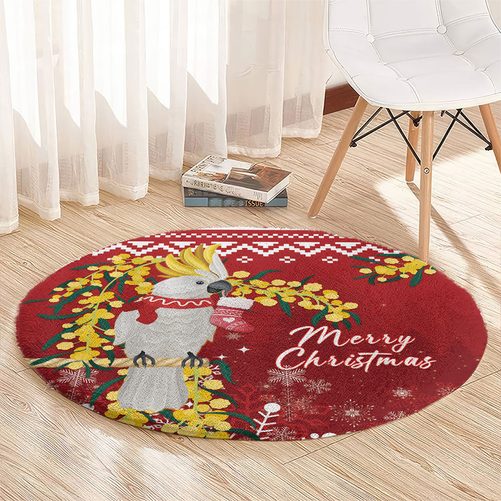 Australia Sulphur-crested Cockatoo Christmas Round Carpet Aussie Golden Wattle Merry Xmas