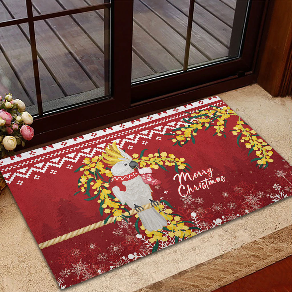 Australia Sulphur-crested Cockatoo Christmas Rubber Doormat Aussie Golden Wattle Merry Xmas