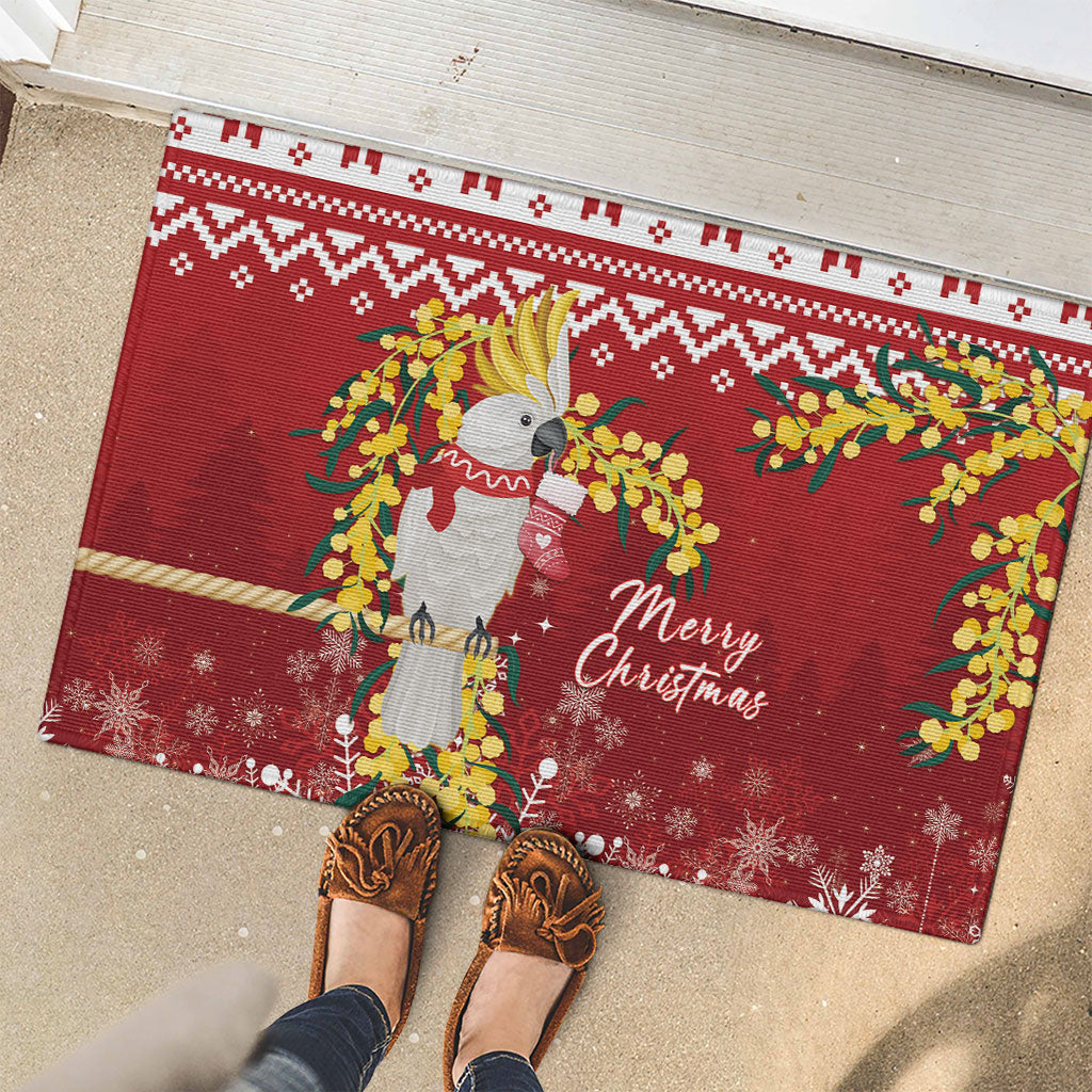 Australia Sulphur-crested Cockatoo Christmas Rubber Doormat Aussie Golden Wattle Merry Xmas