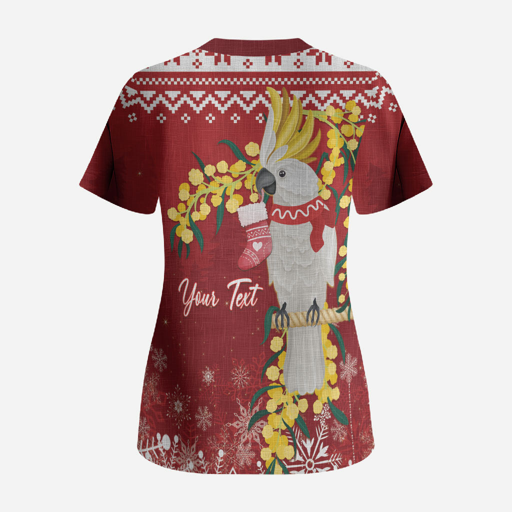 Australia Sulphur-crested Cockatoo Christmas Personalised Scrub Top Aussie Golden Wattle Merry Xmas