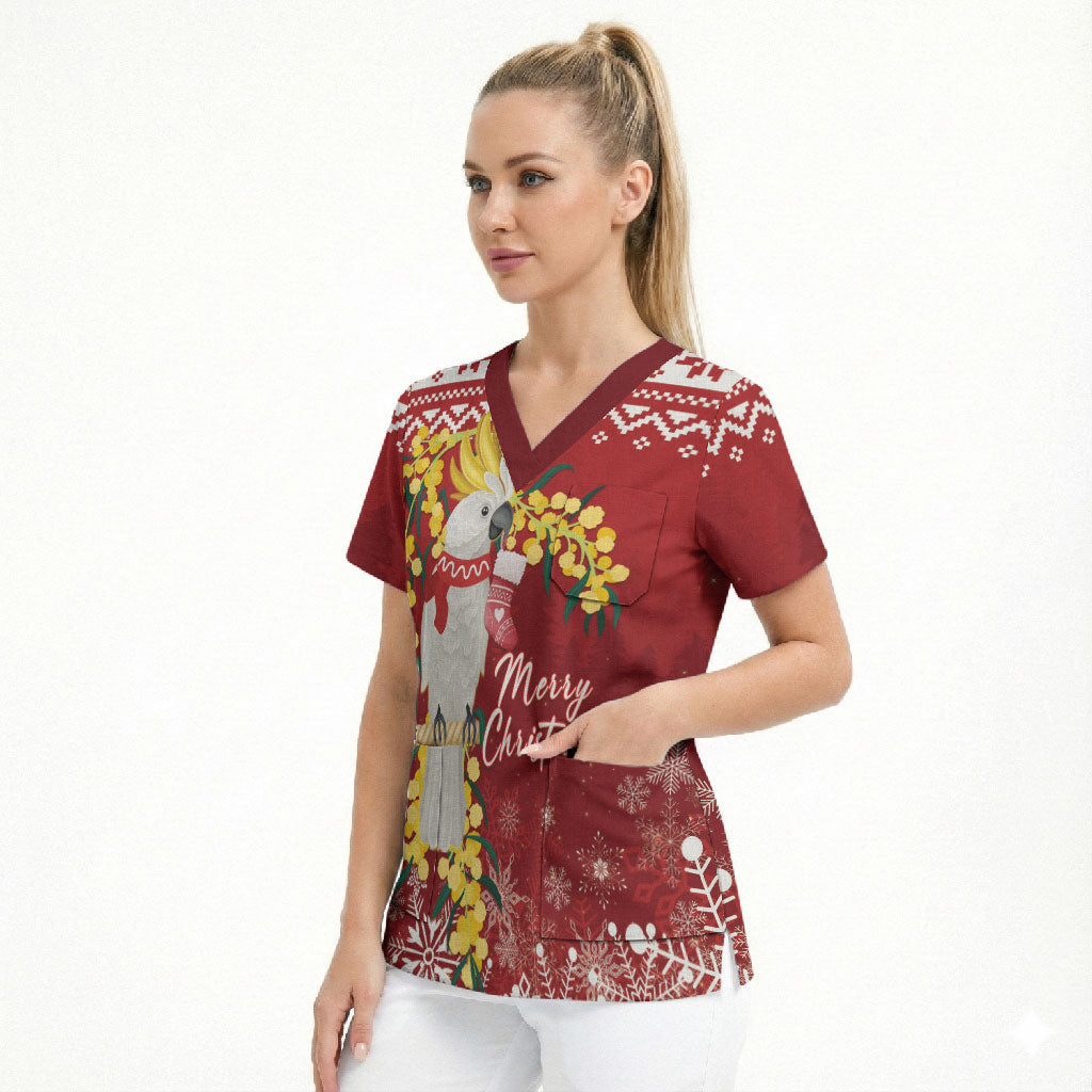 Australia Sulphur-crested Cockatoo Christmas Personalised Scrub Top Aussie Golden Wattle Merry Xmas