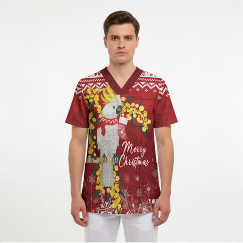 Australia Sulphur-crested Cockatoo Christmas Personalised Scrub Top Aussie Golden Wattle Merry Xmas