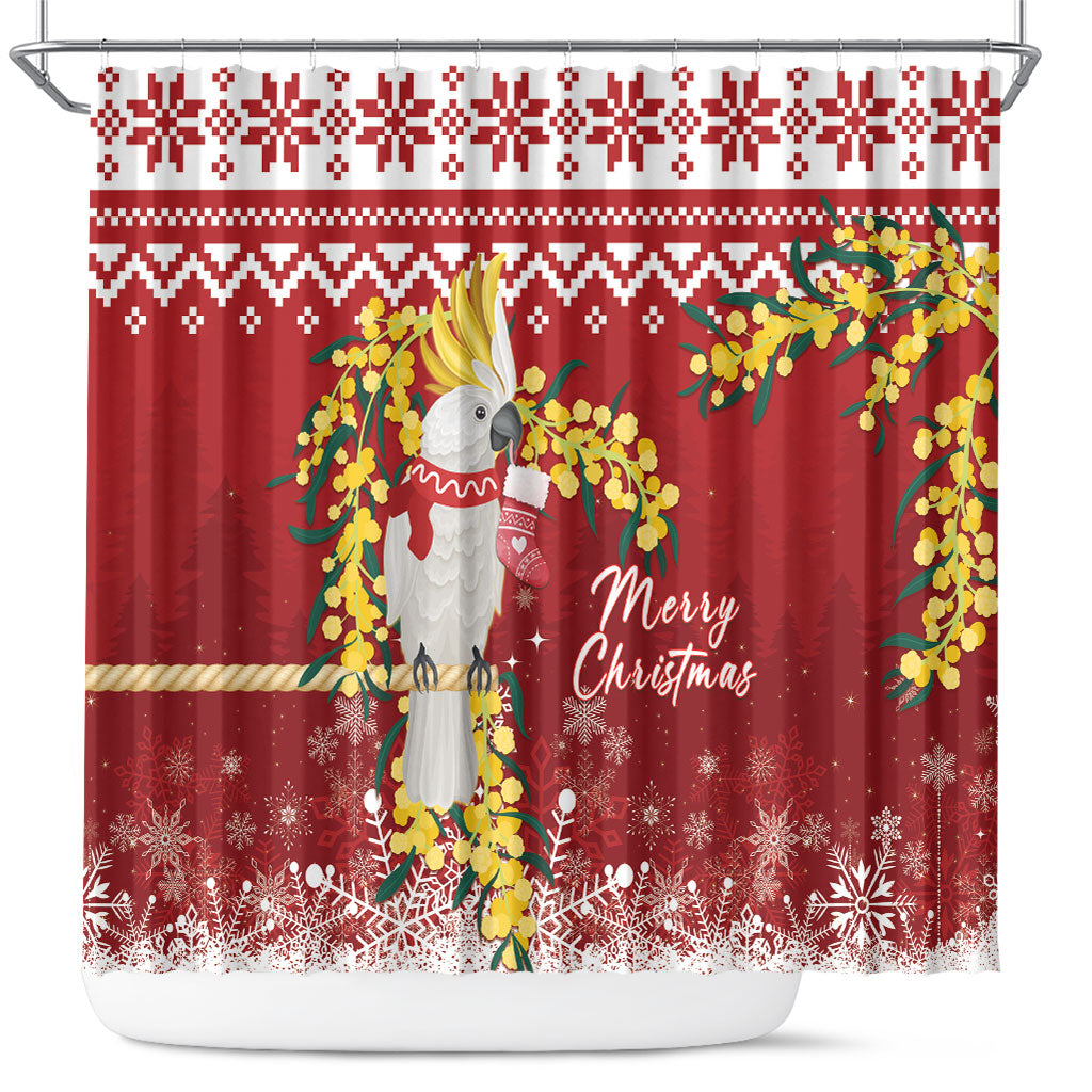 Australia Sulphur-crested Cockatoo Christmas Shower Curtain Aussie Golden Wattle Merry Xmas