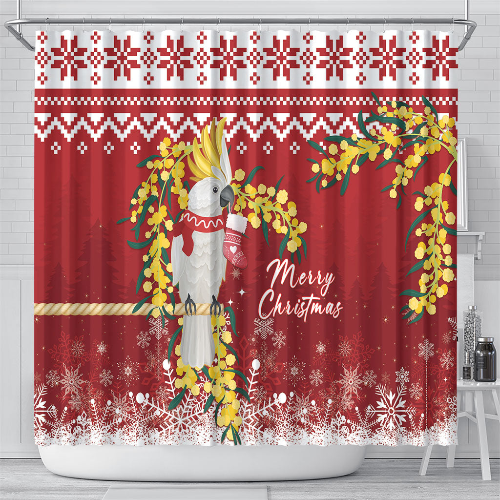 Australia Sulphur-crested Cockatoo Christmas Shower Curtain Aussie Golden Wattle Merry Xmas