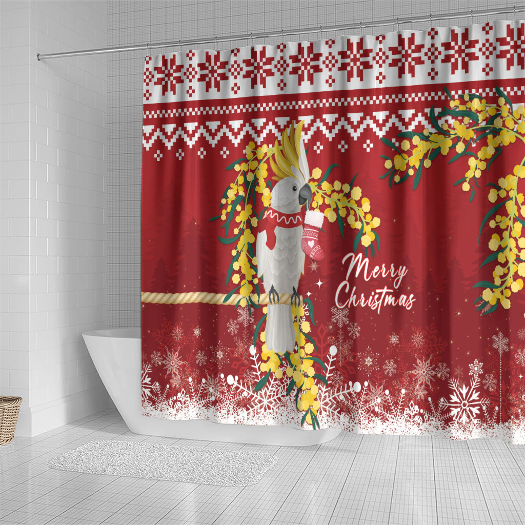 Australia Sulphur-crested Cockatoo Christmas Shower Curtain Aussie Golden Wattle Merry Xmas