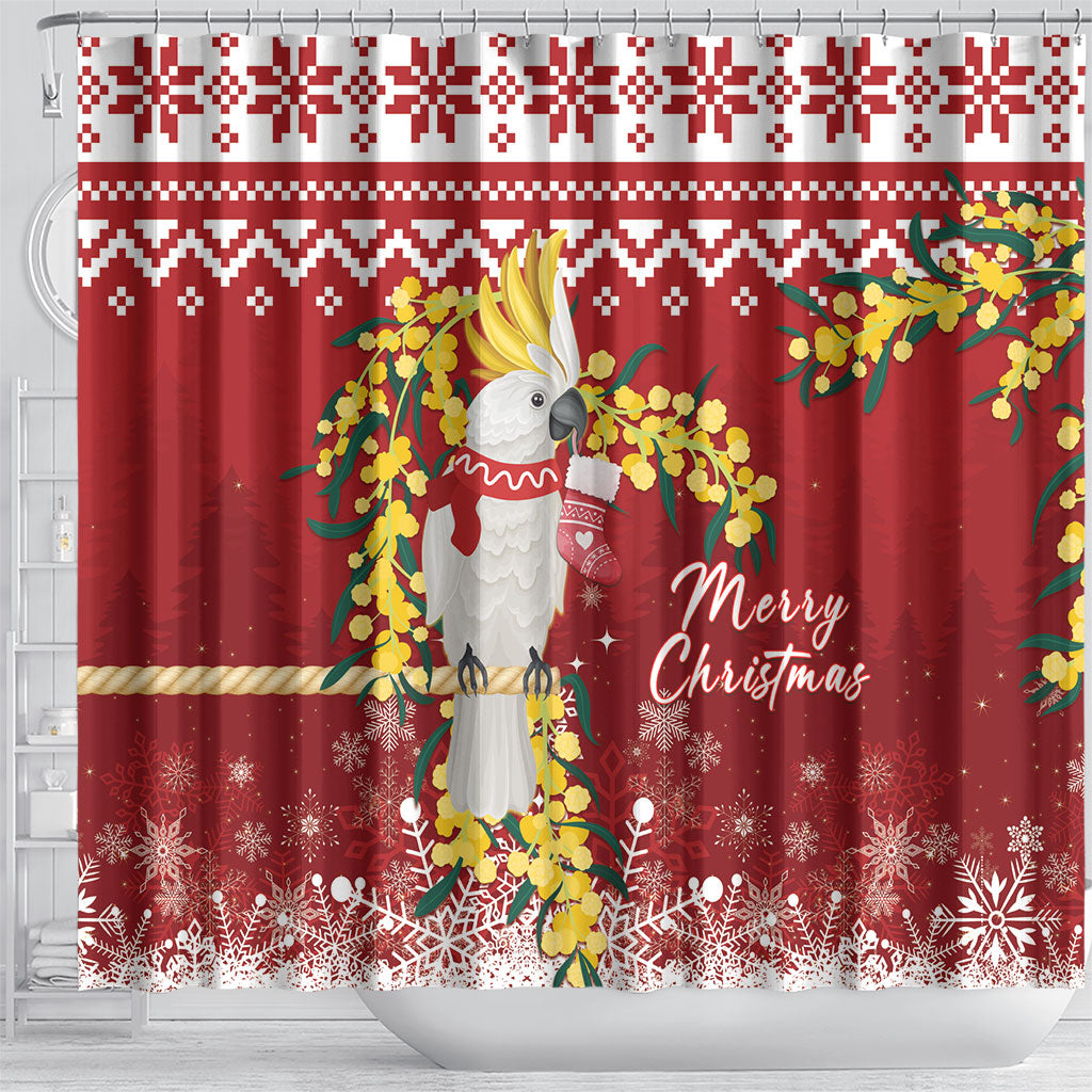 Australia Sulphur-crested Cockatoo Christmas Shower Curtain Aussie Golden Wattle Merry Xmas