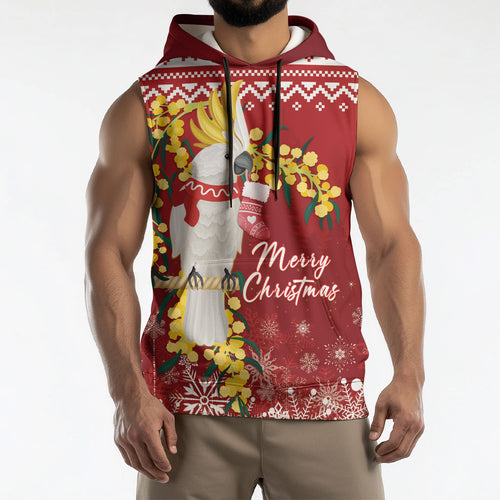 Australia Sulphur-crested Cockatoo Christmas Personalised Sleeveless Hoodie Aussie Golden Wattle Merry Xmas
