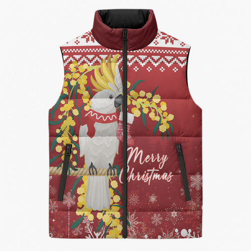 Australia Sulphur-crested Cockatoo Christmas Personalised Sleeveless Puffer Jacket Aussie Golden Wattle Merry Xmas