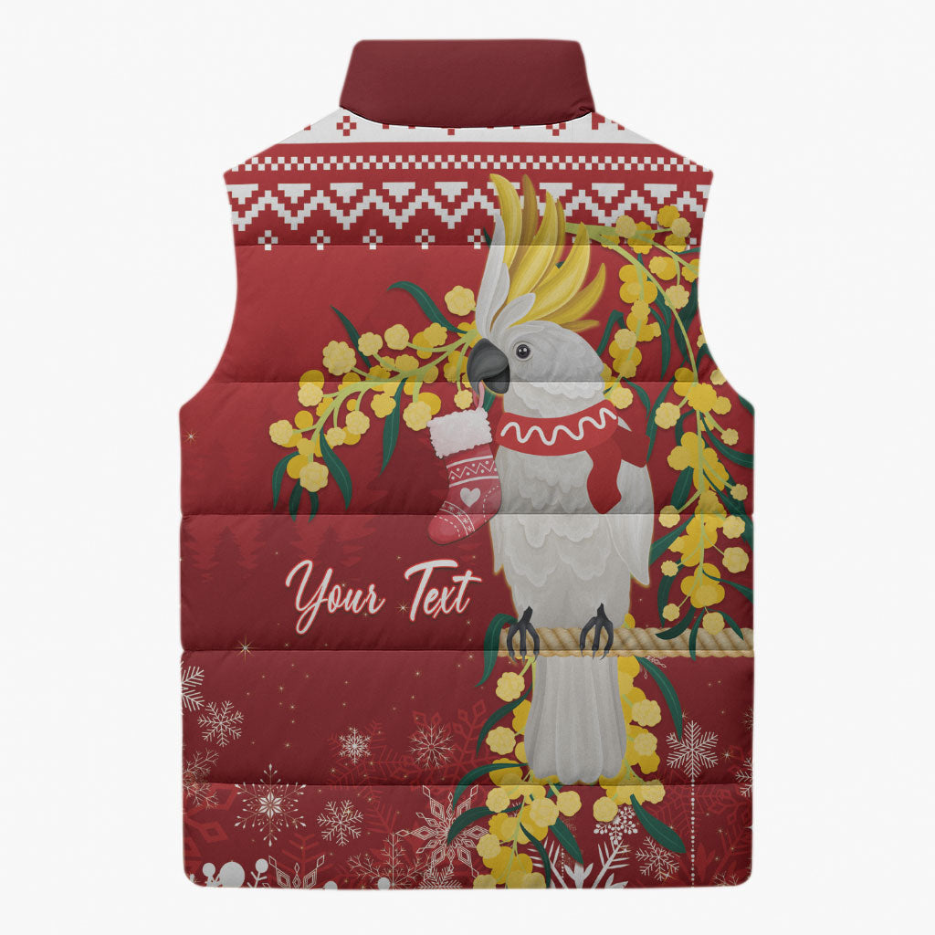 Australia Sulphur-crested Cockatoo Christmas Personalised Sleeveless Puffer Jacket Aussie Golden Wattle Merry Xmas