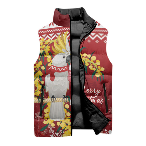 Australia Sulphur-crested Cockatoo Christmas Personalised Sleeveless Puffer Jacket Aussie Golden Wattle Merry Xmas