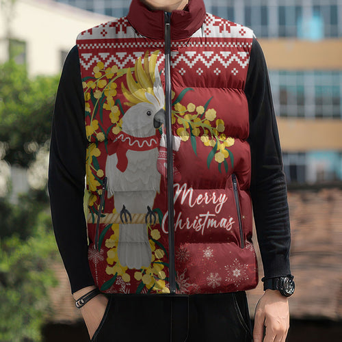 Australia Sulphur-crested Cockatoo Christmas Personalised Sleeveless Puffer Jacket Aussie Golden Wattle Merry Xmas