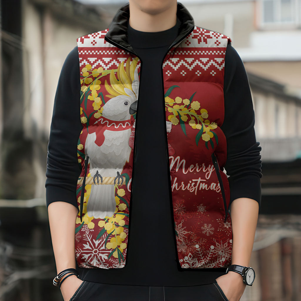Australia Sulphur-crested Cockatoo Christmas Personalised Sleeveless Puffer Jacket Aussie Golden Wattle Merry Xmas