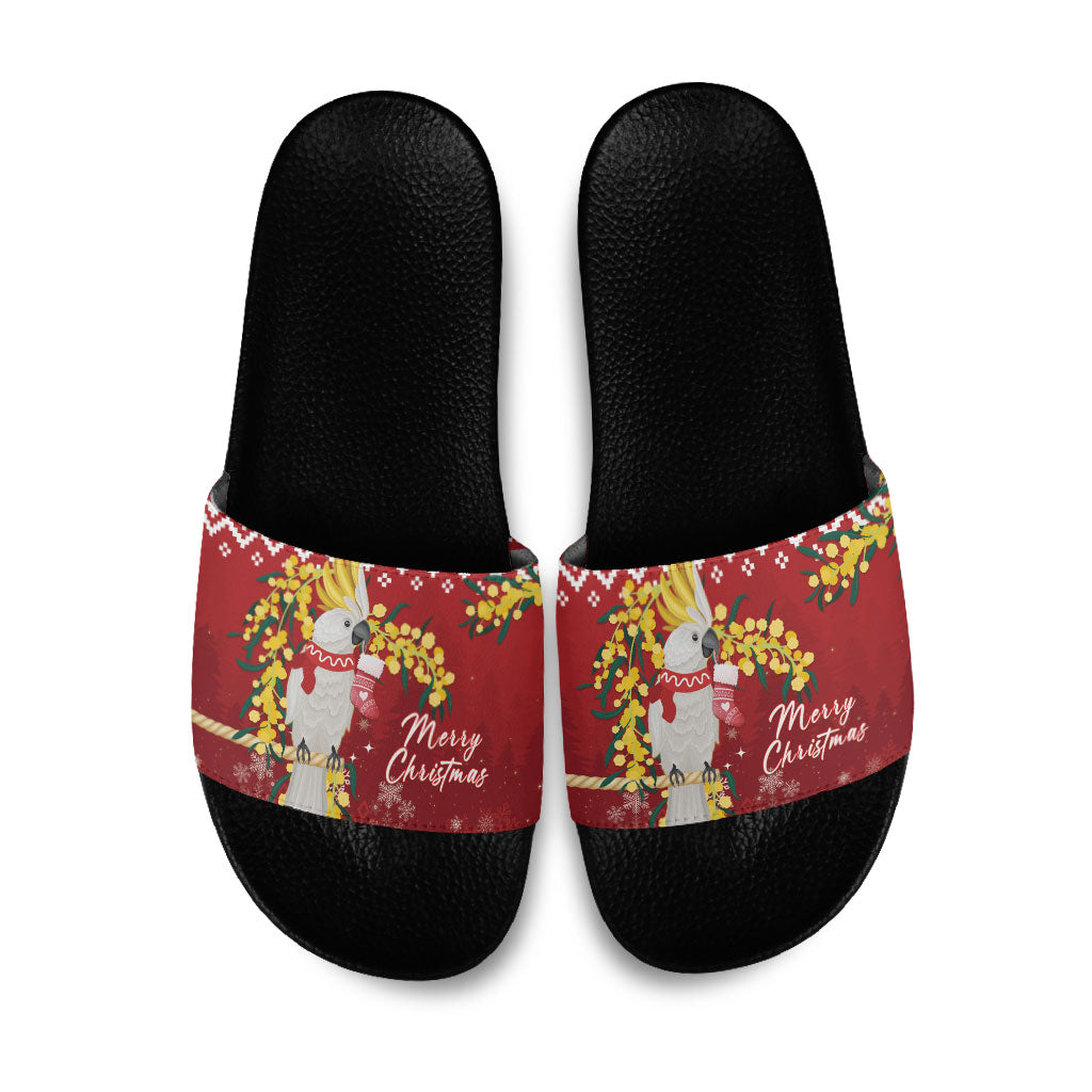 Australia Sulphur-crested Cockatoo Christmas Slide Sandals Aussie Golden Wattle Merry Xmas