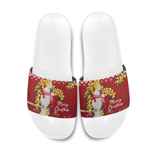 Australia Sulphur-crested Cockatoo Christmas Slide Sandals Aussie Golden Wattle Merry Xmas