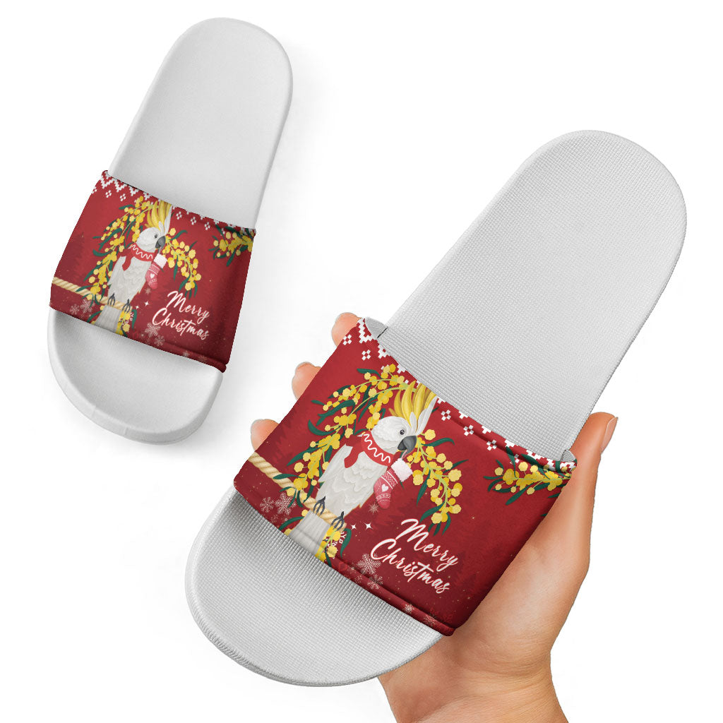 Australia Sulphur-crested Cockatoo Christmas Slide Sandals Aussie Golden Wattle Merry Xmas