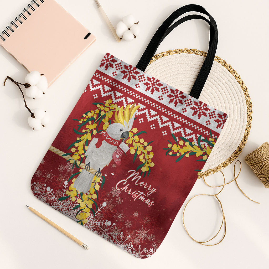 Australia Sulphur-crested Cockatoo Christmas Tote Bag Aussie Golden Wattle Merry Xmas