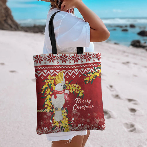 Australia Sulphur-crested Cockatoo Christmas Tote Bag Aussie Golden Wattle Merry Xmas