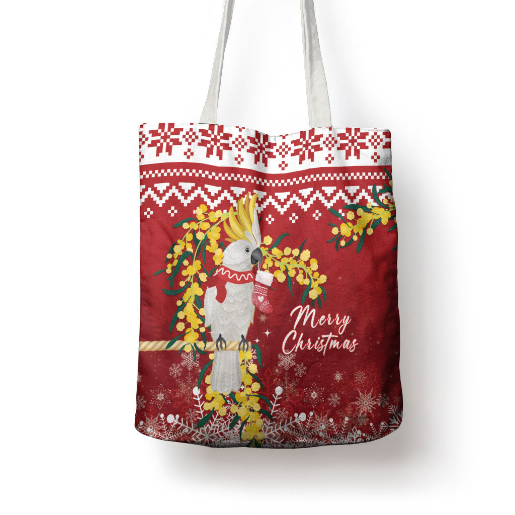 Australia Sulphur-crested Cockatoo Christmas Tote Bag Aussie Golden Wattle Merry Xmas