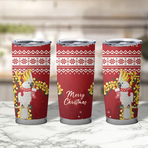 Australia Sulphur-crested Cockatoo Christmas Tumbler Cup Aussie Golden Wattle Merry Xmas