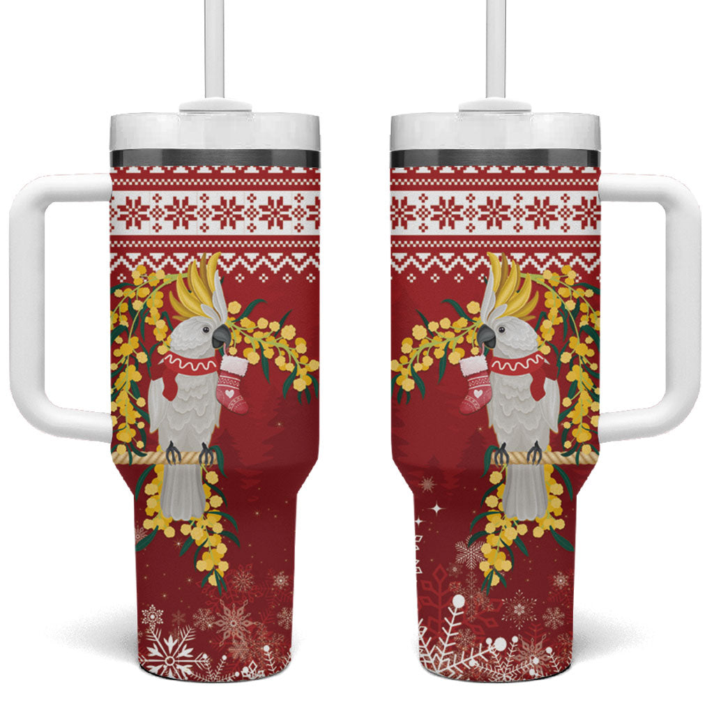 Australia Sulphur-crested Cockatoo Christmas Tumbler With Handle Aussie Golden Wattle Merry Xmas