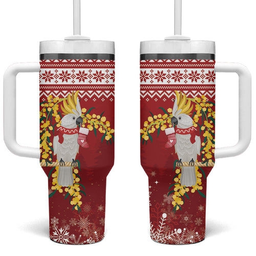 Australia Sulphur-crested Cockatoo Christmas Tumbler With Handle Aussie Golden Wattle Merry Xmas