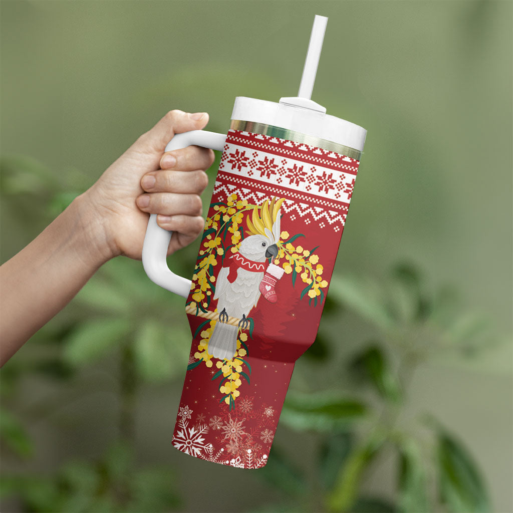 Australia Sulphur-crested Cockatoo Christmas Tumbler With Handle Aussie Golden Wattle Merry Xmas