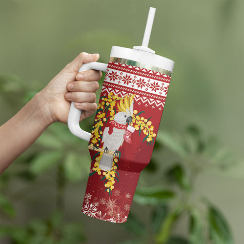 Australia Sulphur-crested Cockatoo Christmas Tumbler With Handle Aussie Golden Wattle Merry Xmas
