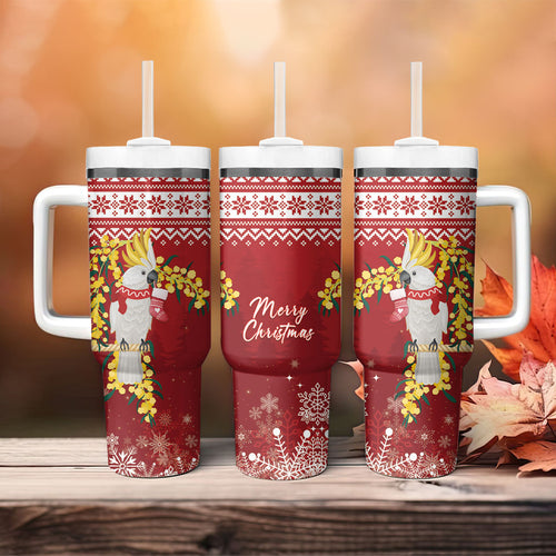 Australia Sulphur-crested Cockatoo Christmas Tumbler With Handle Aussie Golden Wattle Merry Xmas