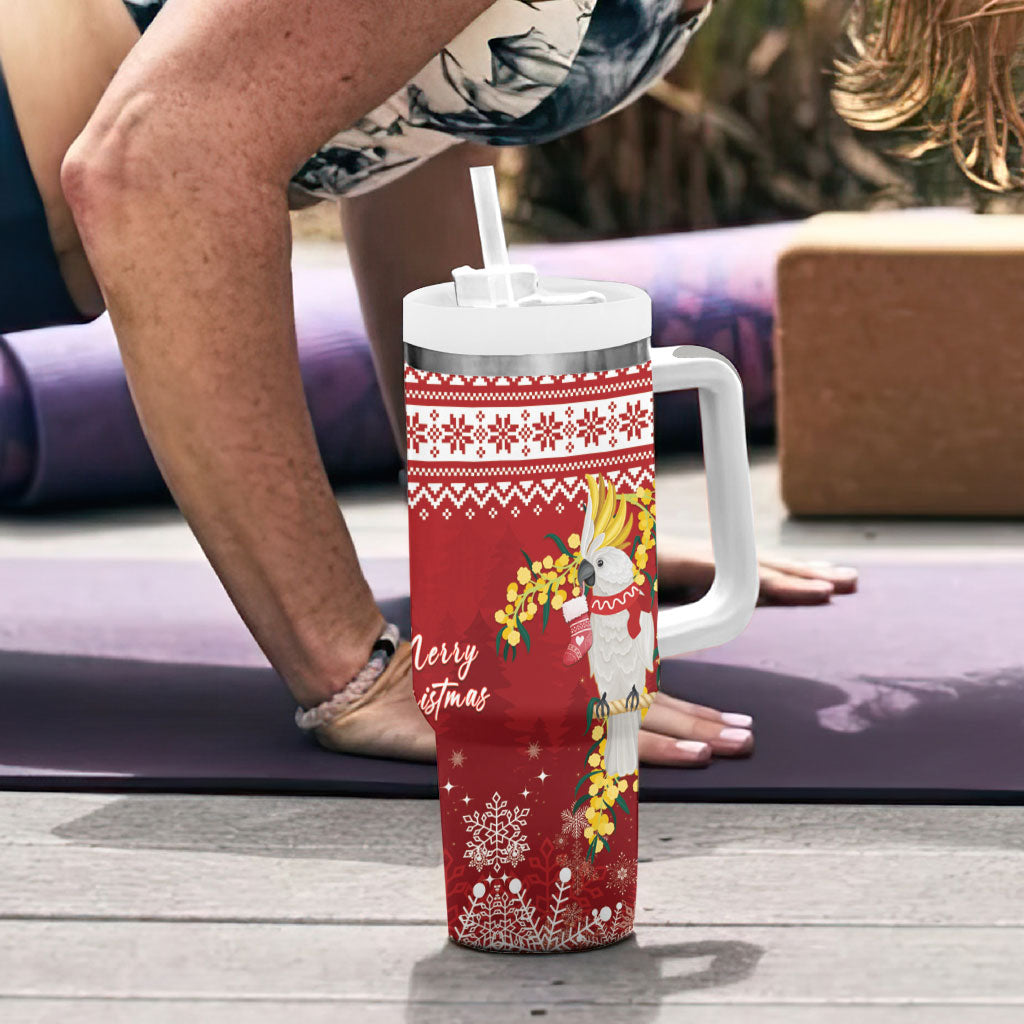 Australia Sulphur-crested Cockatoo Christmas Tumbler With Handle Aussie Golden Wattle Merry Xmas