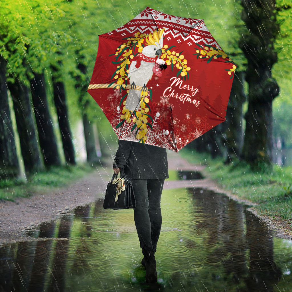 Australia Sulphur-crested Cockatoo Christmas Umbrella Aussie Golden Wattle Merry Xmas