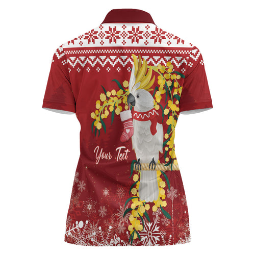 Australia Sulphur-crested Cockatoo Christmas Personalised Women Polo Shirt Aussie Golden Wattle Merry Xmas