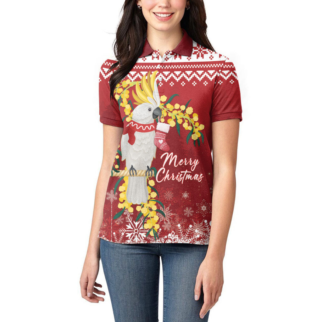 Australia Sulphur-crested Cockatoo Christmas Personalised Women Polo Shirt Aussie Golden Wattle Merry Xmas