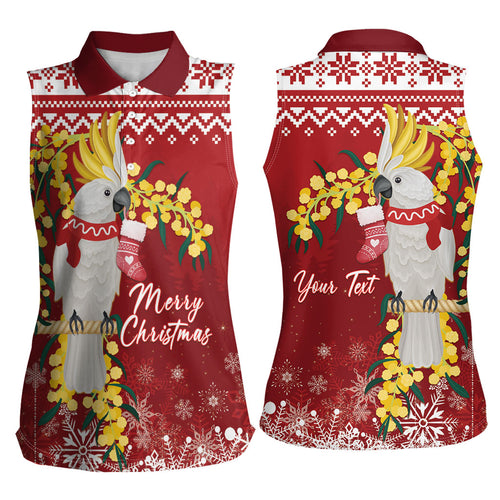 Australia Sulphur-crested Cockatoo Christmas Personalised Women Sleeveless Polo Shirt Aussie Golden Wattle Merry Xmas