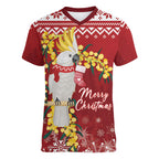 Australia Sulphur-crested Cockatoo Christmas Personalised Women V-Neck T-Shirt Aussie Golden Wattle Merry Xmas