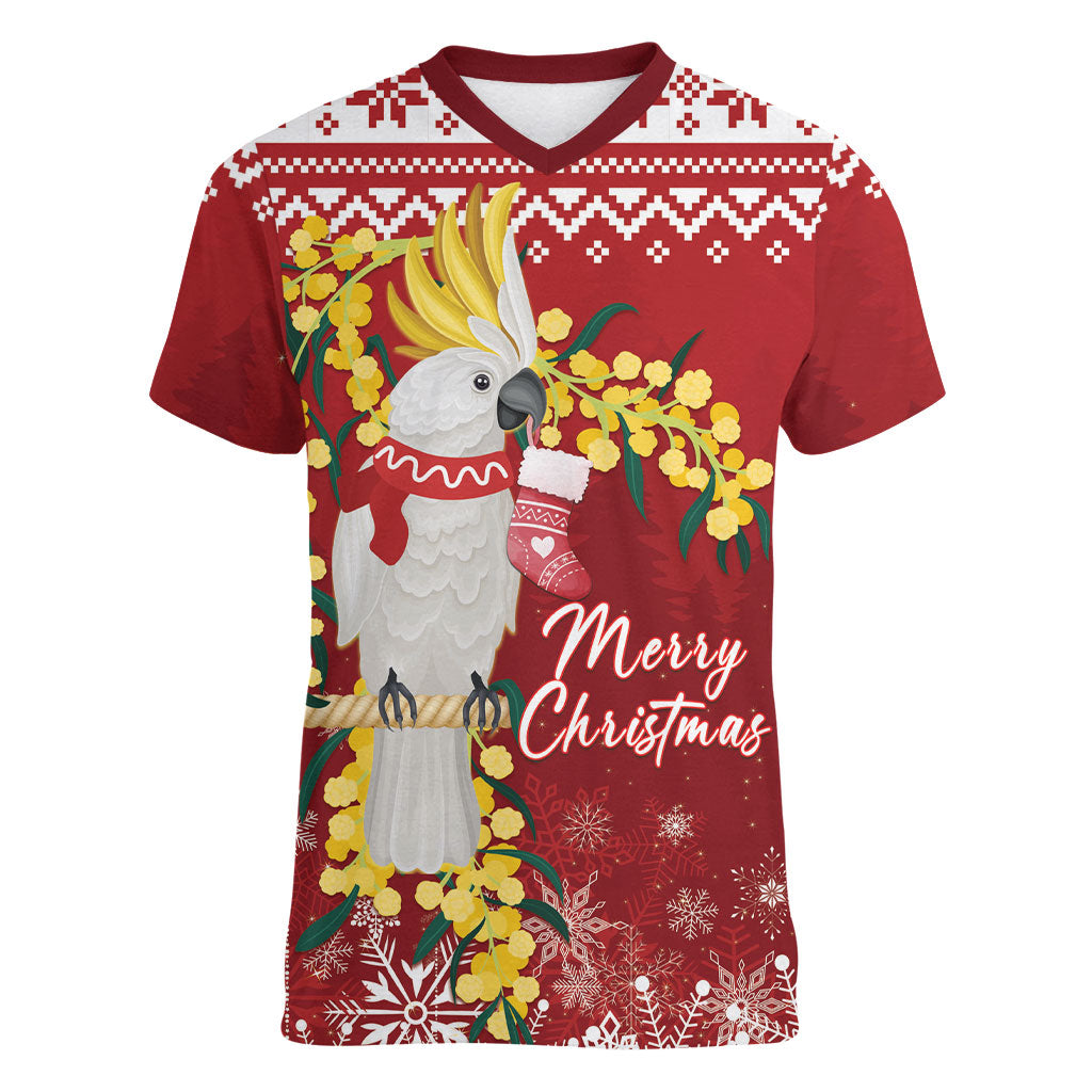 Australia Sulphur-crested Cockatoo Christmas Personalised Women V-Neck T-Shirt Aussie Golden Wattle Merry Xmas