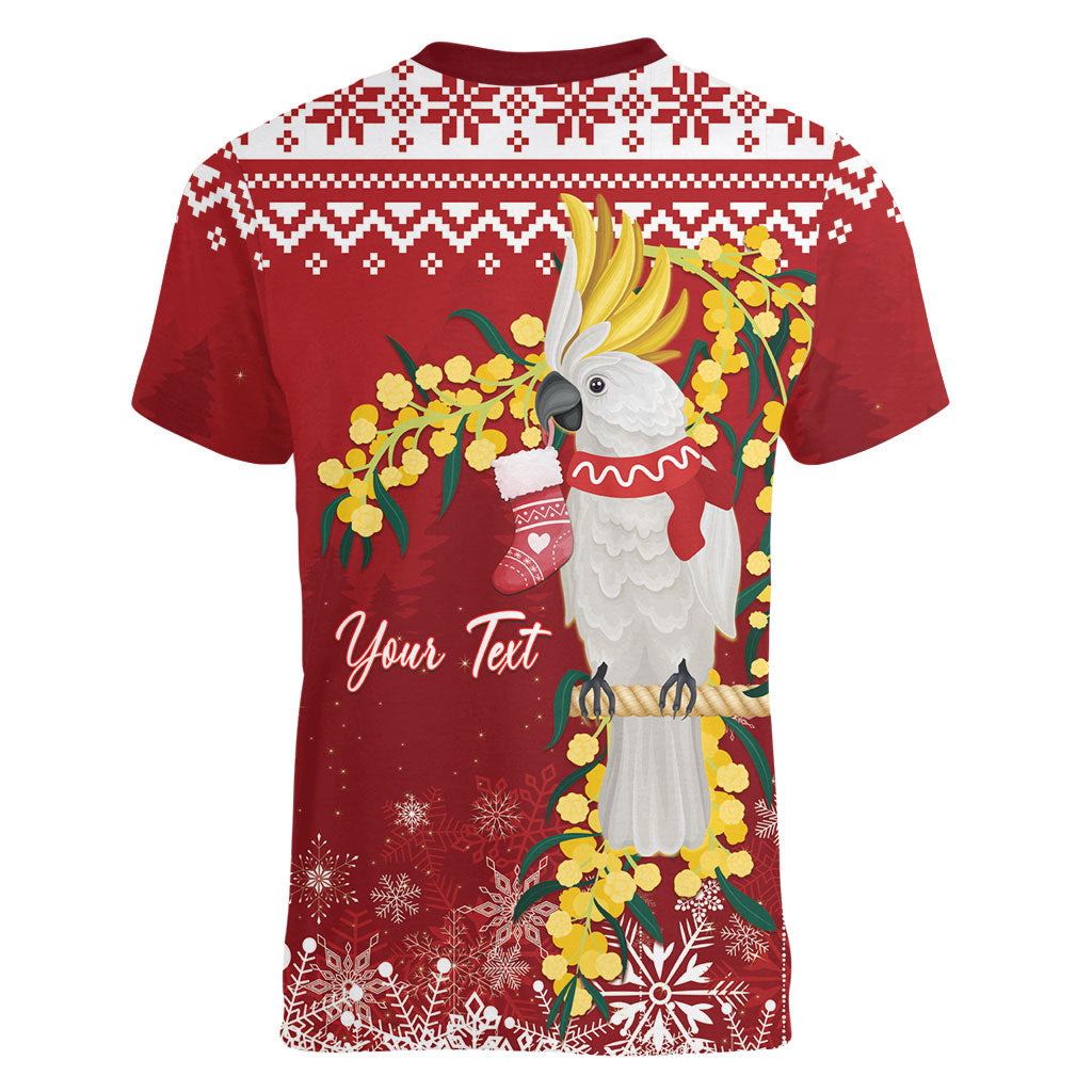 Australia Sulphur-crested Cockatoo Christmas Personalised Women V-Neck T-Shirt Aussie Golden Wattle Merry Xmas